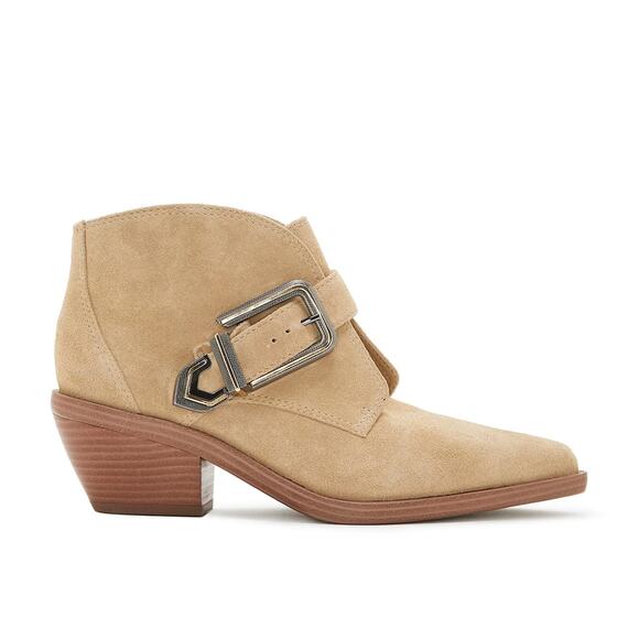 NEW Vince Camuto Ashena Tan Suede Leather Buckle Zip Up Bootie Ankle Boots - Picture 2 of 15